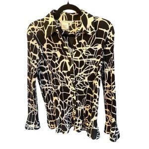 Fred David Long Sleeve Pleated Blouse Abstract Print Button Down‎ Top L